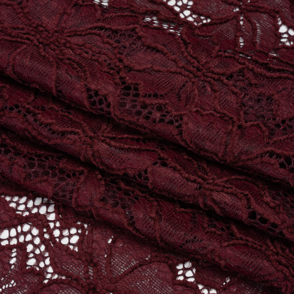 Stretch Chenille Corded Lace - Burgundy Floral - Deadstock