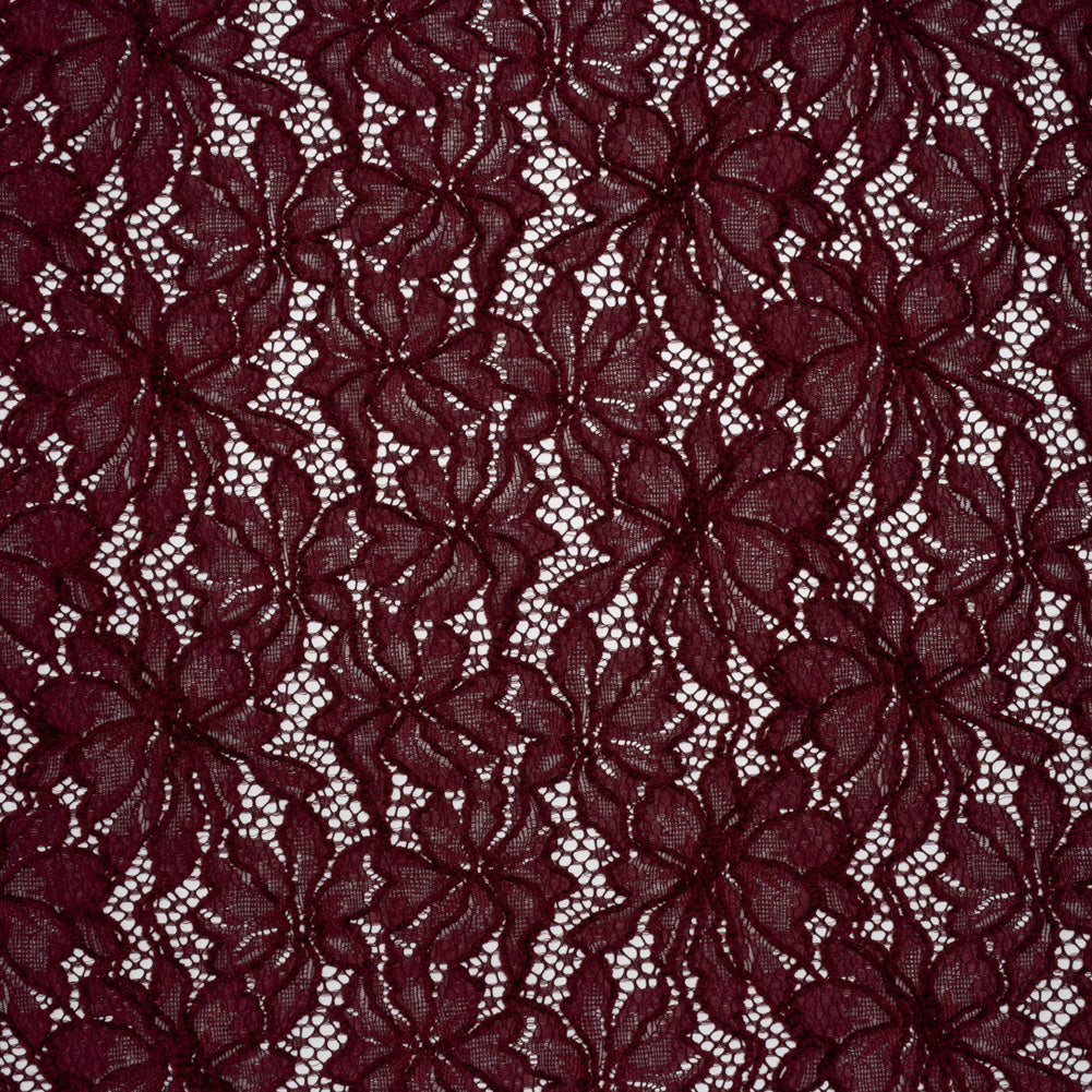 Stretch Chenille Corded Lace - Burgundy Floral - Deadstock