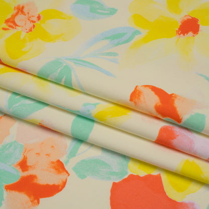 Stretch Nylon Swimwear Tricot - Lemon Yellow, Red Orange and Mint Green Painted Flowers - Designer Deadstock