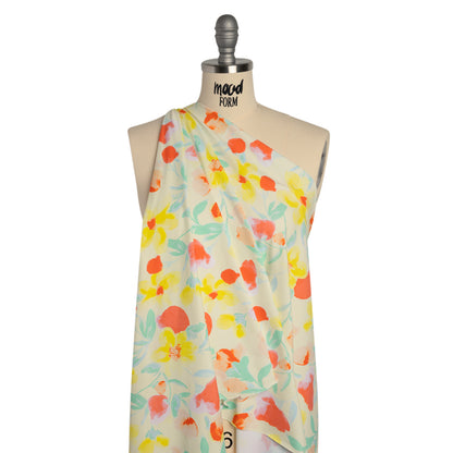 Stretch Nylon Swimwear Tricot - Lemon Yellow, Red Orange and Mint Green Painted Flowers - Designer Deadstock