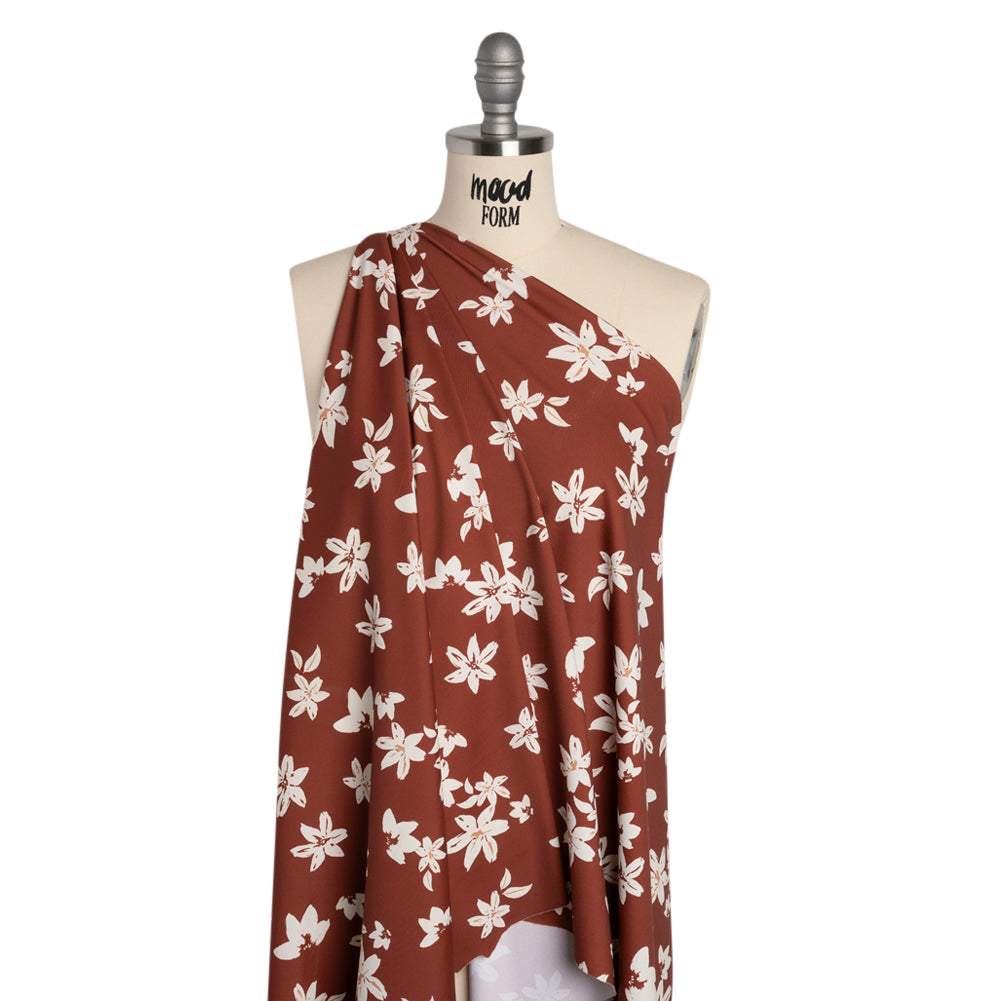 Stretch Nylon Jersey - Russet Brown and Cream Floral - Designer Deadstock - Drape