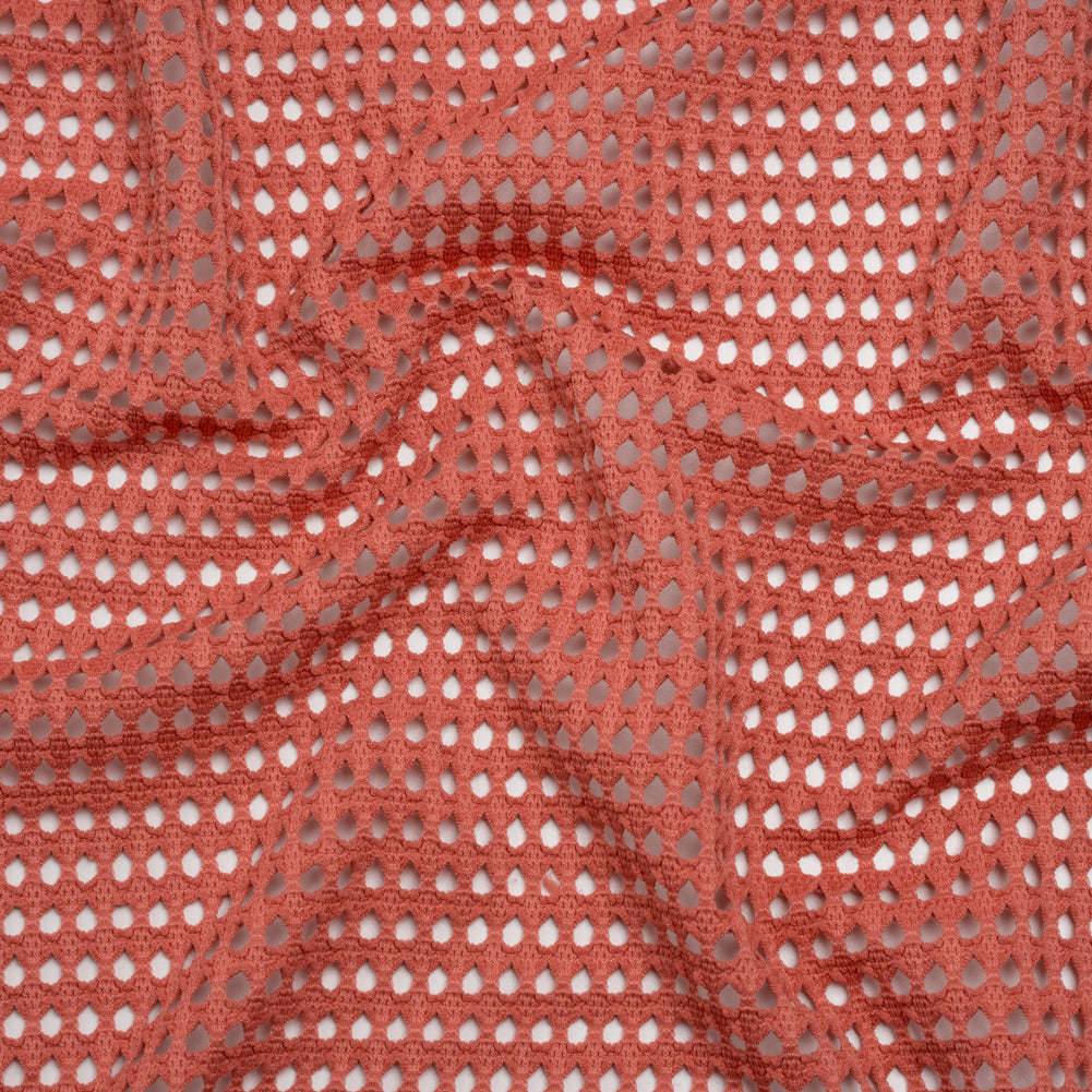 Stretch Polyester Eyelet Knit - Muted Coral Rows of Dots - Designer Deadstock