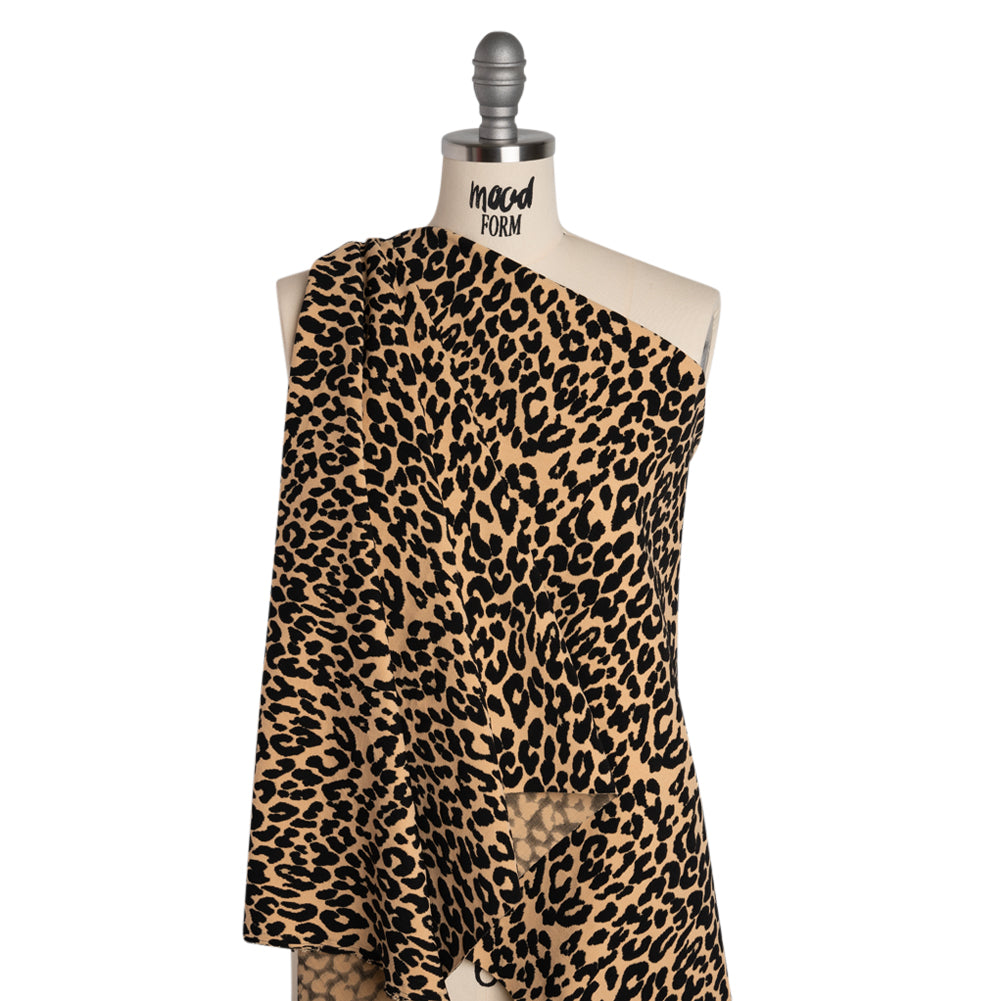 Stretch Polyester Jacquard Knit - Beige and Black Leopard Spots - Designer Deadstock - Drape