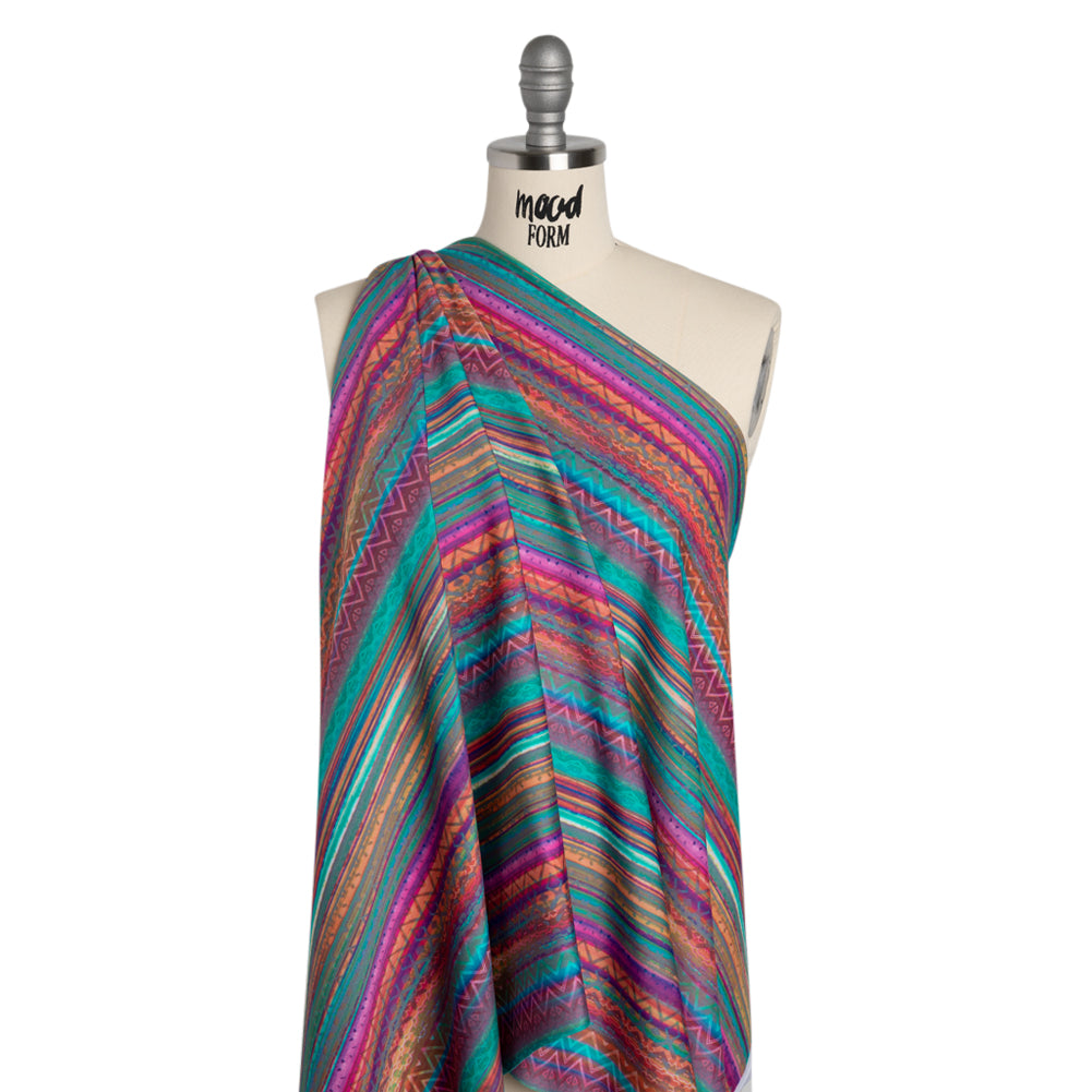 Stretch Nylon Swimwear Tricot - Rainbow and Gray Geometric Doodles Decorated Stripes - Designer Deadstock