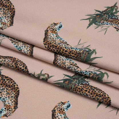 Stretch Nylon Swimwear Tricot - Beige, Brown and Green Leopard in Leaves - Designer Deadstock