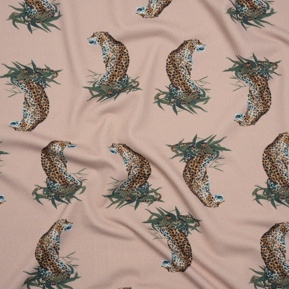 Stretch Nylon Swimwear Tricot - Beige, Brown and Green Leopard in Leaves - Designer Deadstock