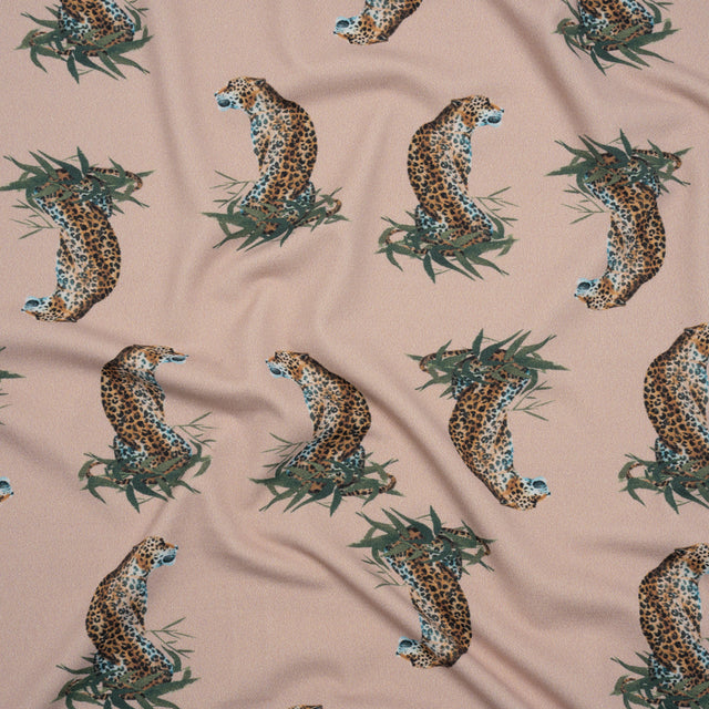 Stretch Nylon Swimwear Tricot - Beige, Brown and Green Leopard in Leaves - Designer Deadstock