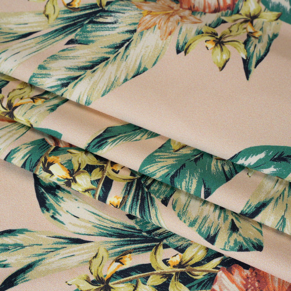 Stretch Nylon Swimwear Tricot - Beige, Green and Pink Tropical Bouquets - Designer Deadstock - Folded
