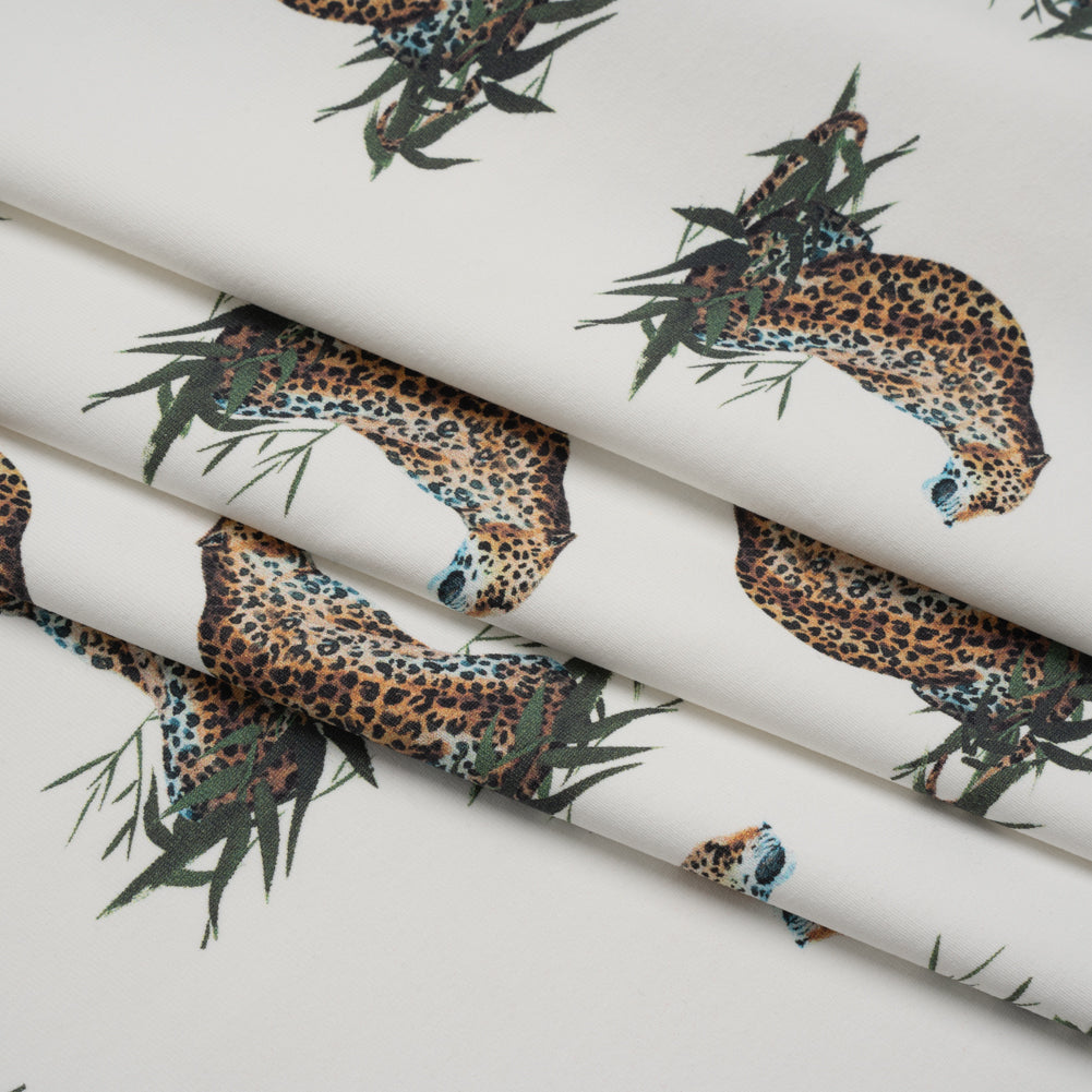 Stretch Nylon Swimwear Tricot - White, Brown and Green Leopard in Leaves - Designer Deadstock - Folded