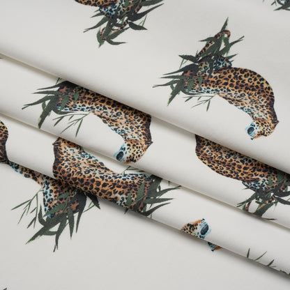 Stretch Nylon Swimwear Tricot - White, Brown and Green Leopard in Leaves - Designer Deadstock