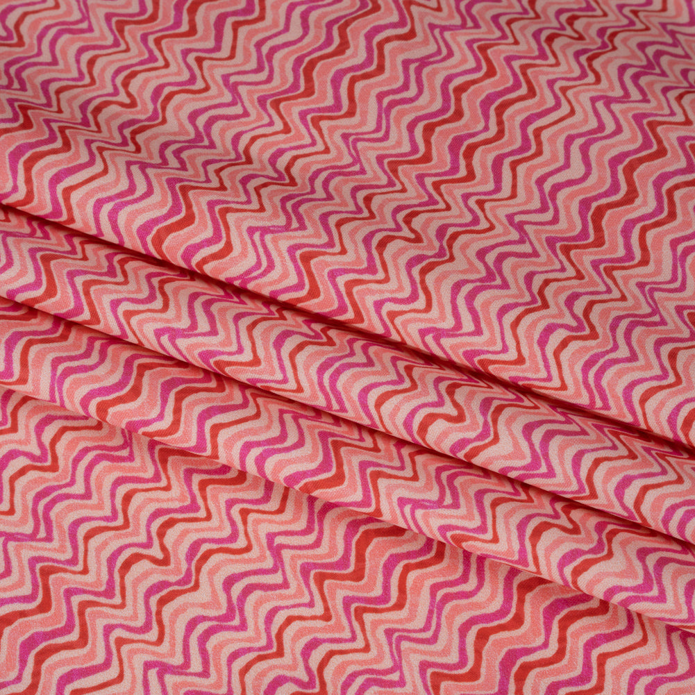 Stretch Nylon Swimwear Tricot - Magenta, Red and Pink Wavy Lines - Designer Deadstock