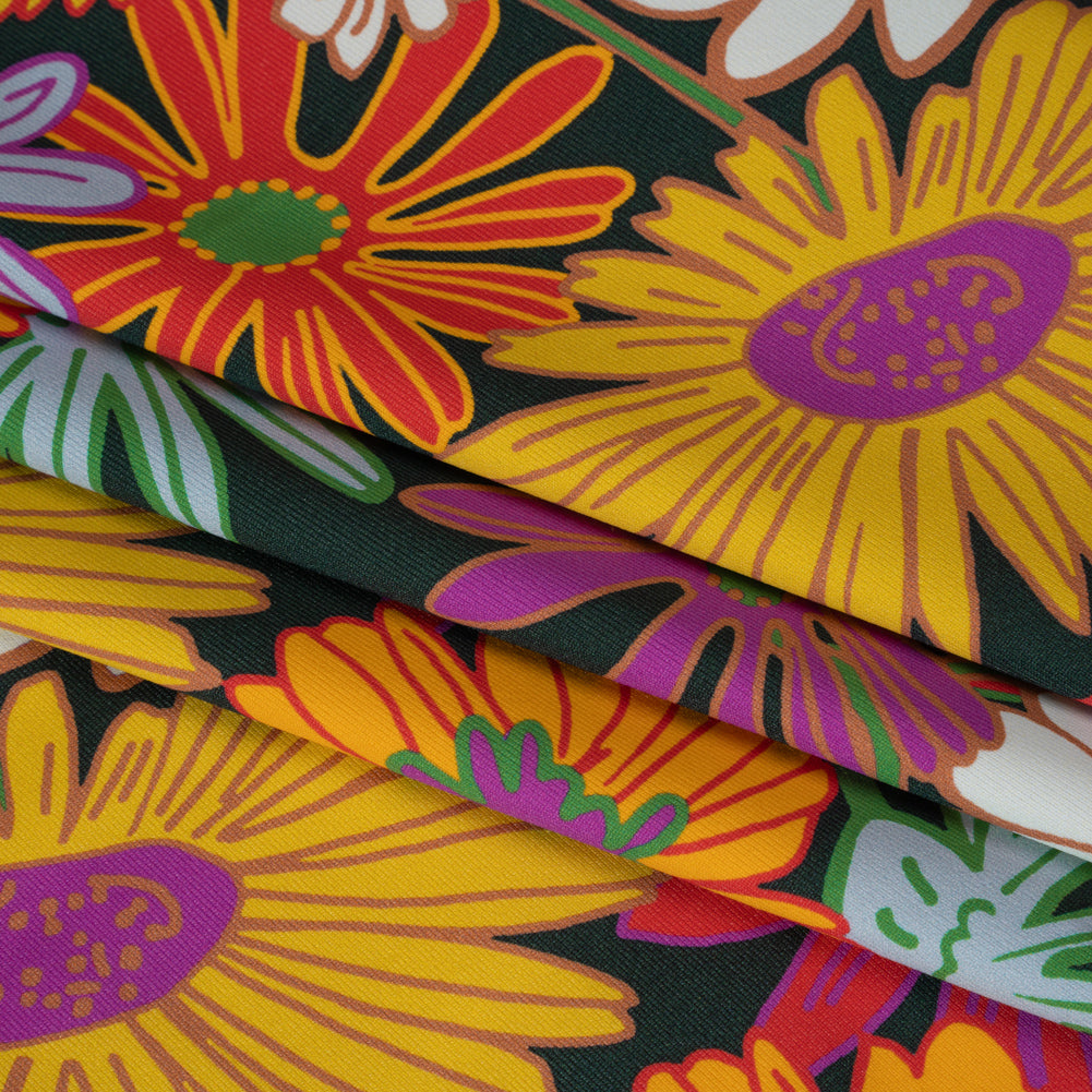 Stretch Polyester Jersey - Purple, Yellow and Red Funky Florals - Designer Deadstock - Folded