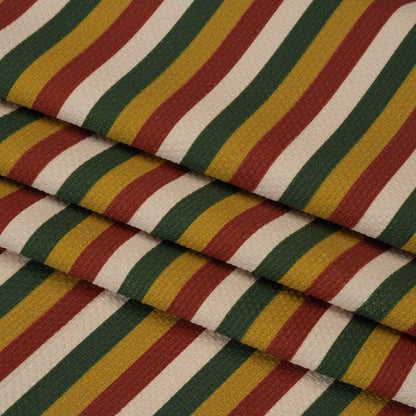 Stretch Polyester Pique Knit - Brick Red, Gold and Green Horizontal Stripes - Designer Deadstock