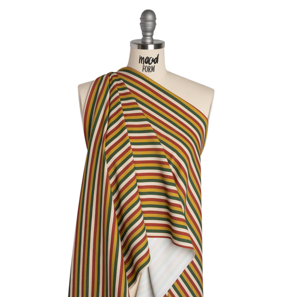Stretch Polyester Pique Knit - Brick Red, Gold and Green Horizontal Stripes - Designer Deadstock