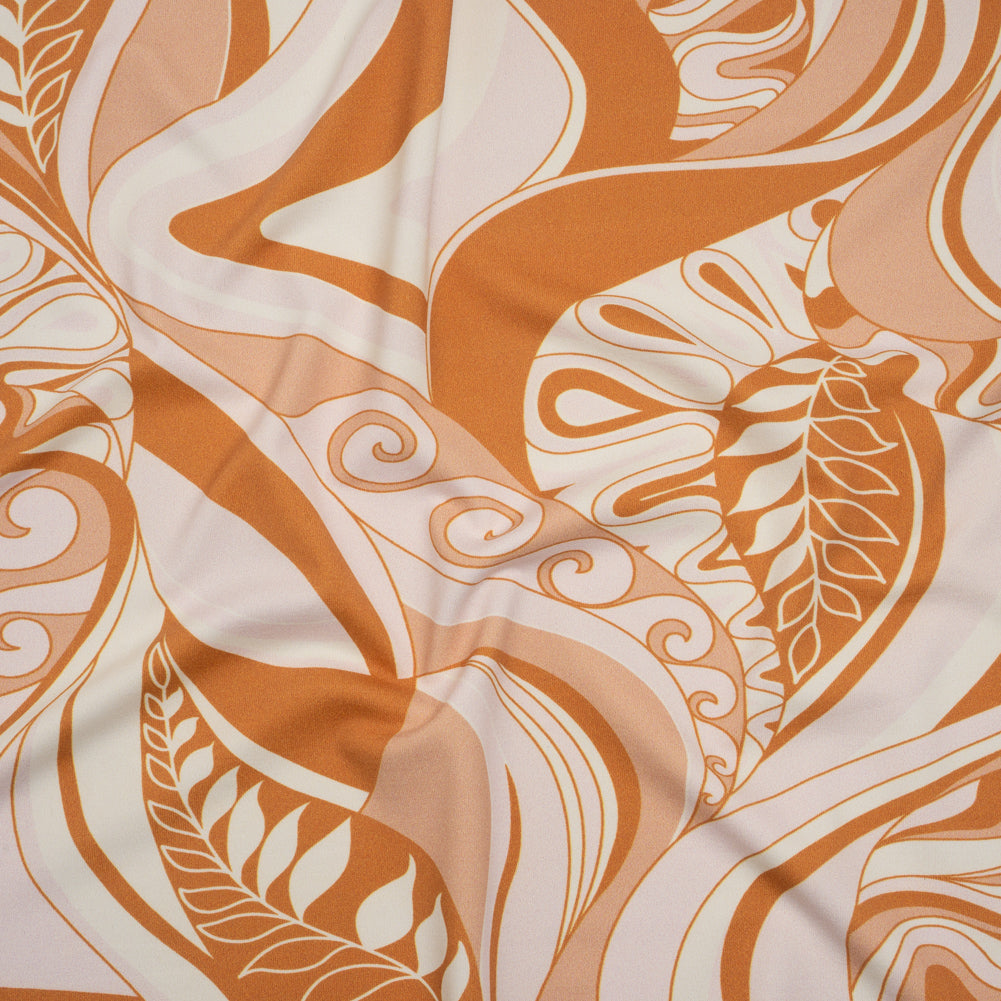 Stretch Nylon Swimwear Tricot - Caramel, Cream and Pale Pink Retro Swirls and Leaves - Designer Deadstock