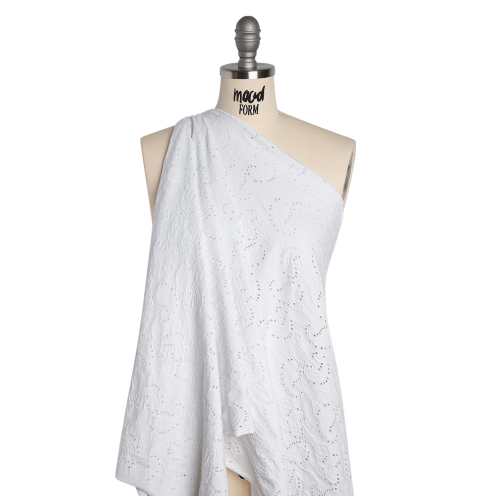 Stretch Nylon Eyelet Jacquard Knit - White Paisley - Designer Deadstock
