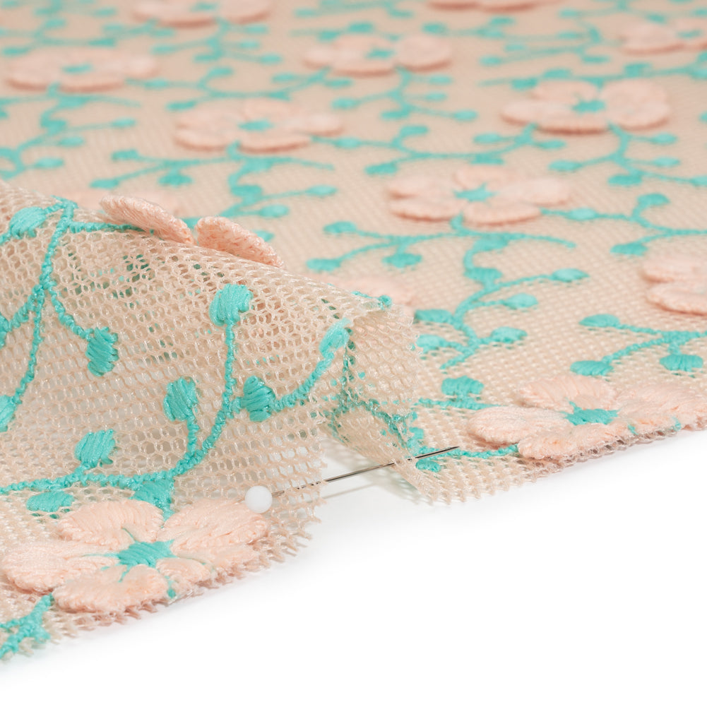3D Embroidered Spacer Mesh - Peach and Turquoise Floral Vines - Designer Deadstock