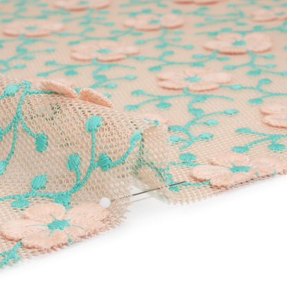 3D Embroidered Spacer Mesh - Peach and Turquoise Floral Vines - Designer Deadstock