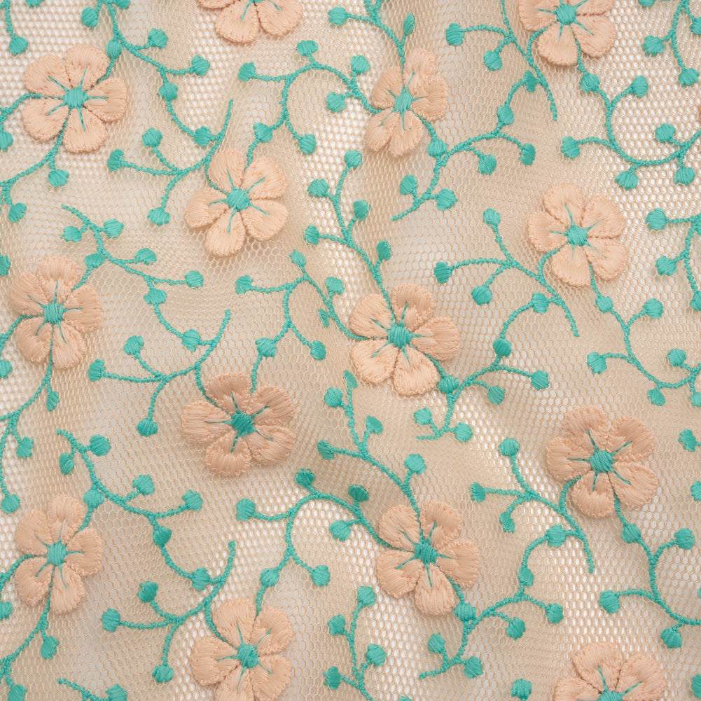 3D Embroidered Spacer Mesh - Peach and Turquoise Floral Vines - Designer Deadstock