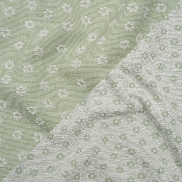 Stretch Textured Nylon Jacquard Knit - White and Jade Green Flower Dots - Designer Deadstock