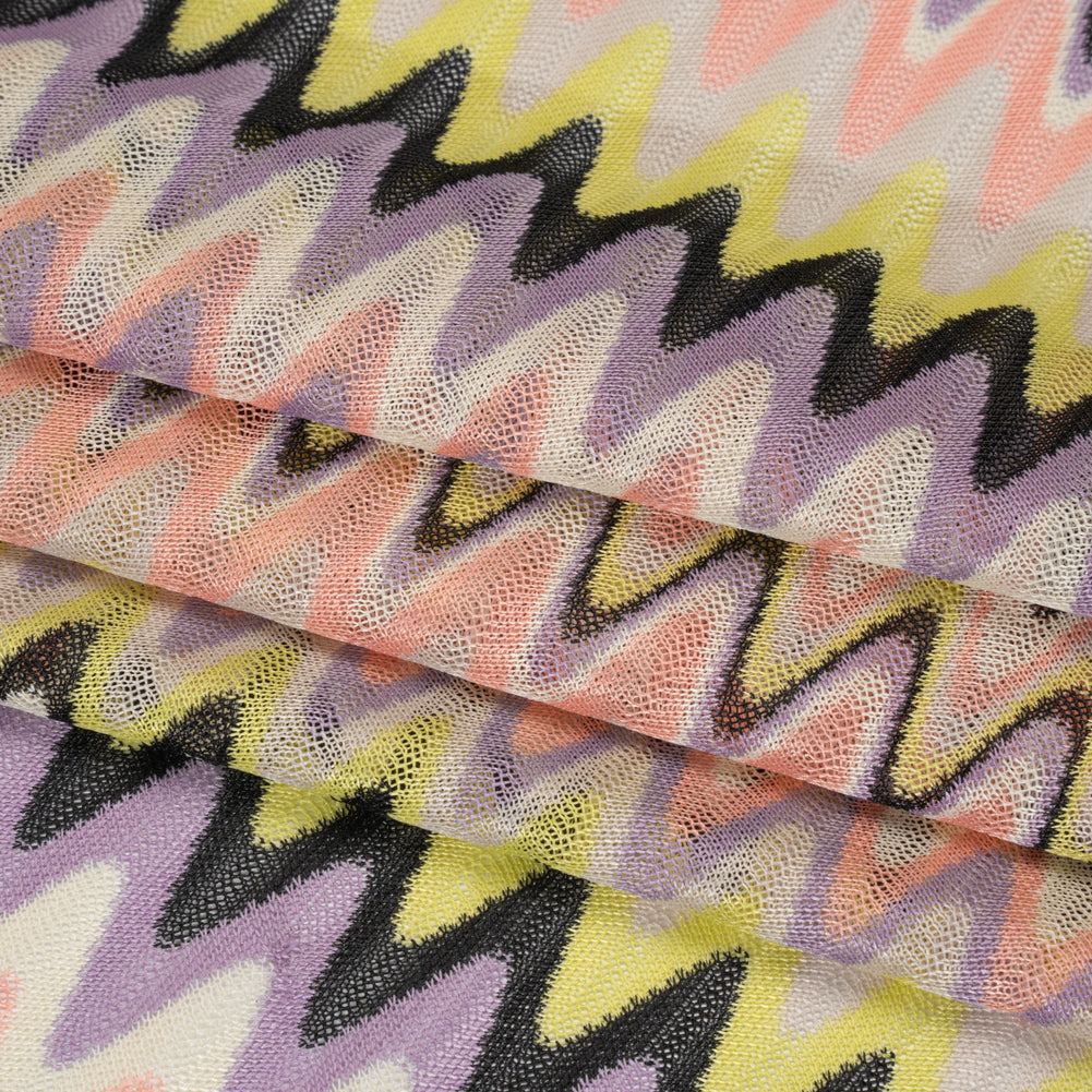 Polyester Sheer Novelty Knit - Lime Green, Lavender and Pink Retro Waves - Designer Deadstock - Folded