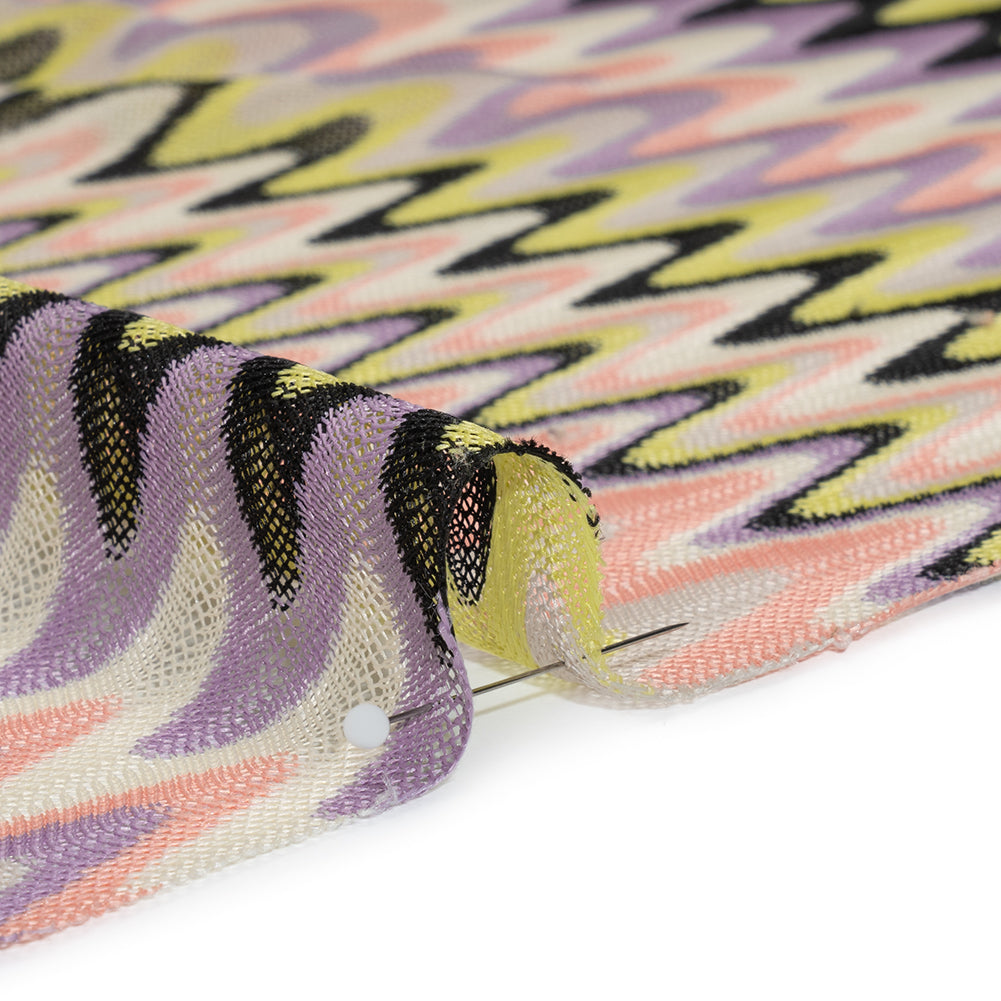 Polyester Sheer Novelty Knit - Lime Green, Lavender and Pink Retro Waves - Designer Deadstock - Detail
