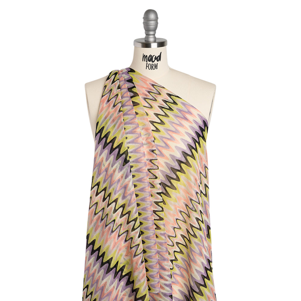 Polyester Sheer Novelty Knit - Lime Green, Lavender and Pink Retro Waves - Designer Deadstock - Drape