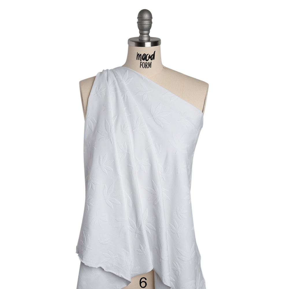 Stretch Polyester Jacquard Knit - White Scattered Leaves - Designer Deadstock - Drape