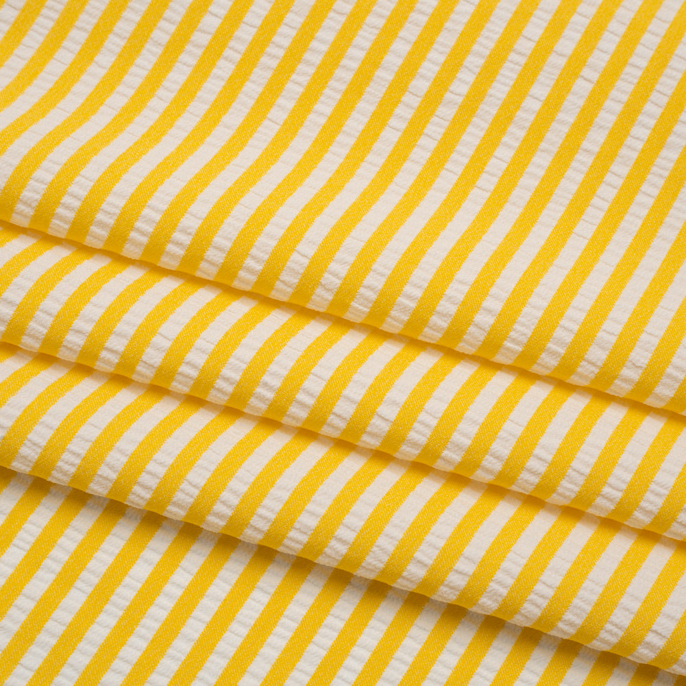 Stretch Polyester Seersucker - Lemon Yellow and White Candy Stripes - Designer Deadstock