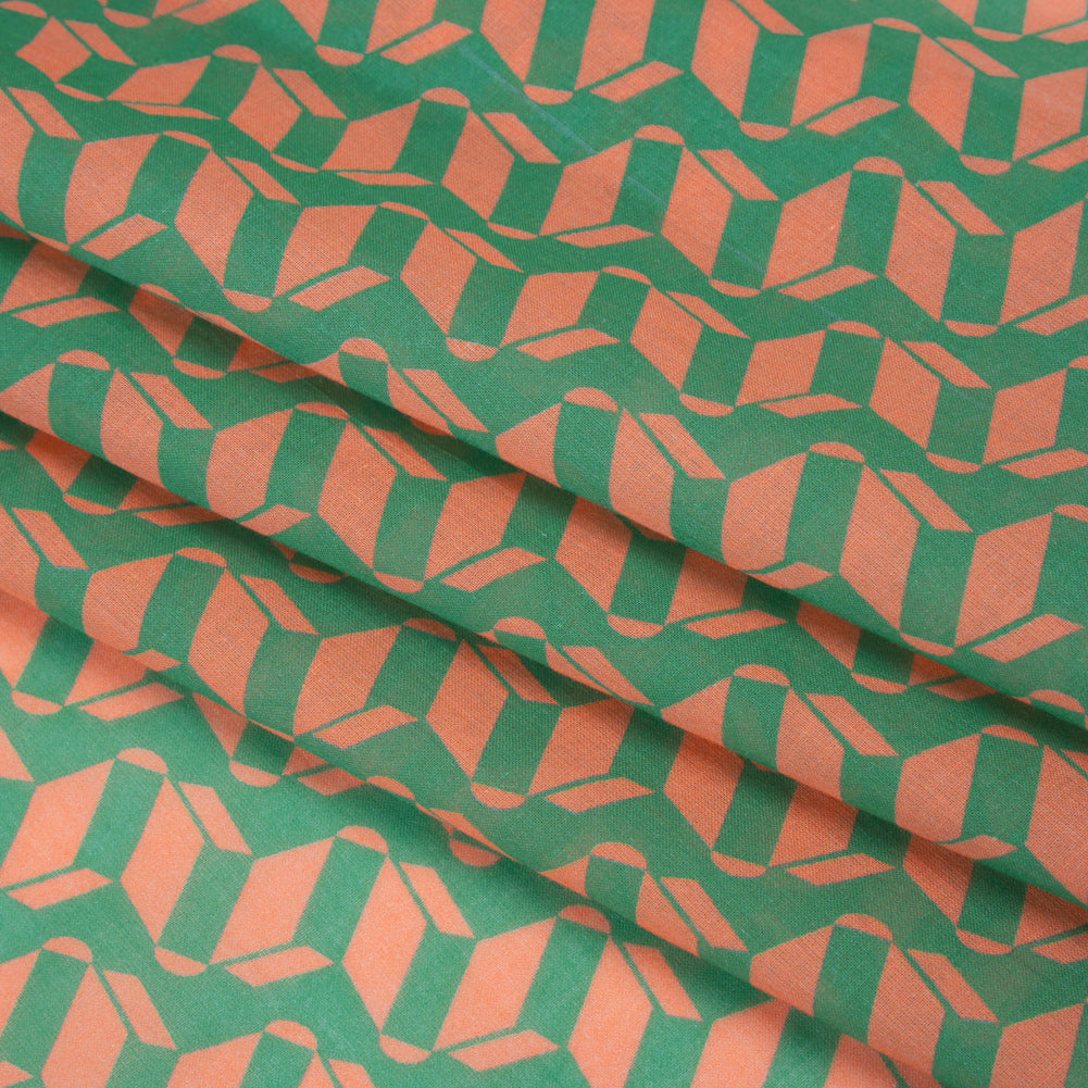 Cotton Voile Print - Kelly Green and Peach Geometric - Deadstock