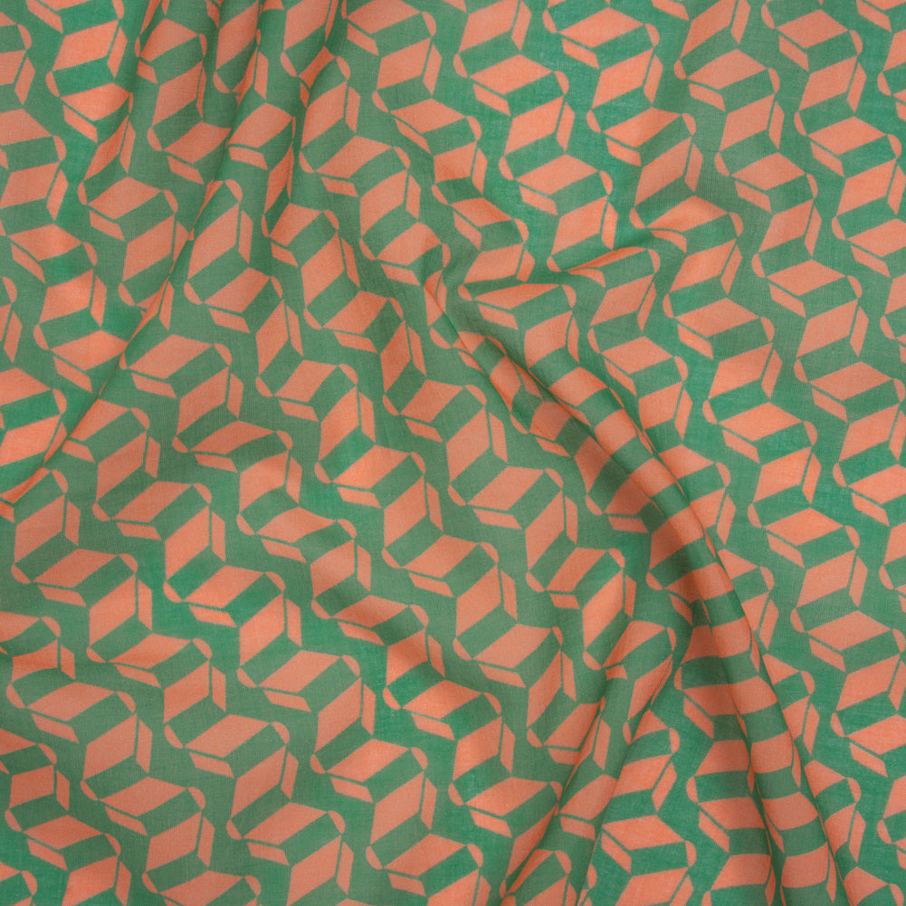 Cotton Voile Print - Kelly Green and Peach Geometric - Deadstock