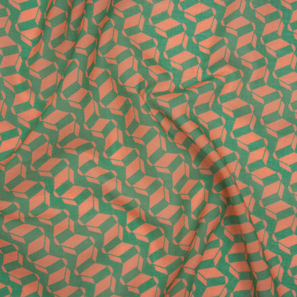 Cotton Voile Print - Kelly Green and Peach Geometric - Deadstock