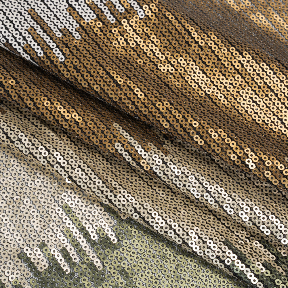 Baby Sequins on Black Stretch Mesh - Olive Green, Light Beige and Tan Ikat Stripes - Deadstock - Folded