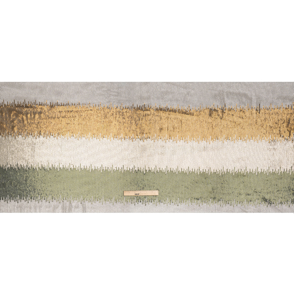 Baby Sequins on Black Stretch Mesh - Olive Green, Light Beige and Tan Ikat Stripes - Deadstock - Full