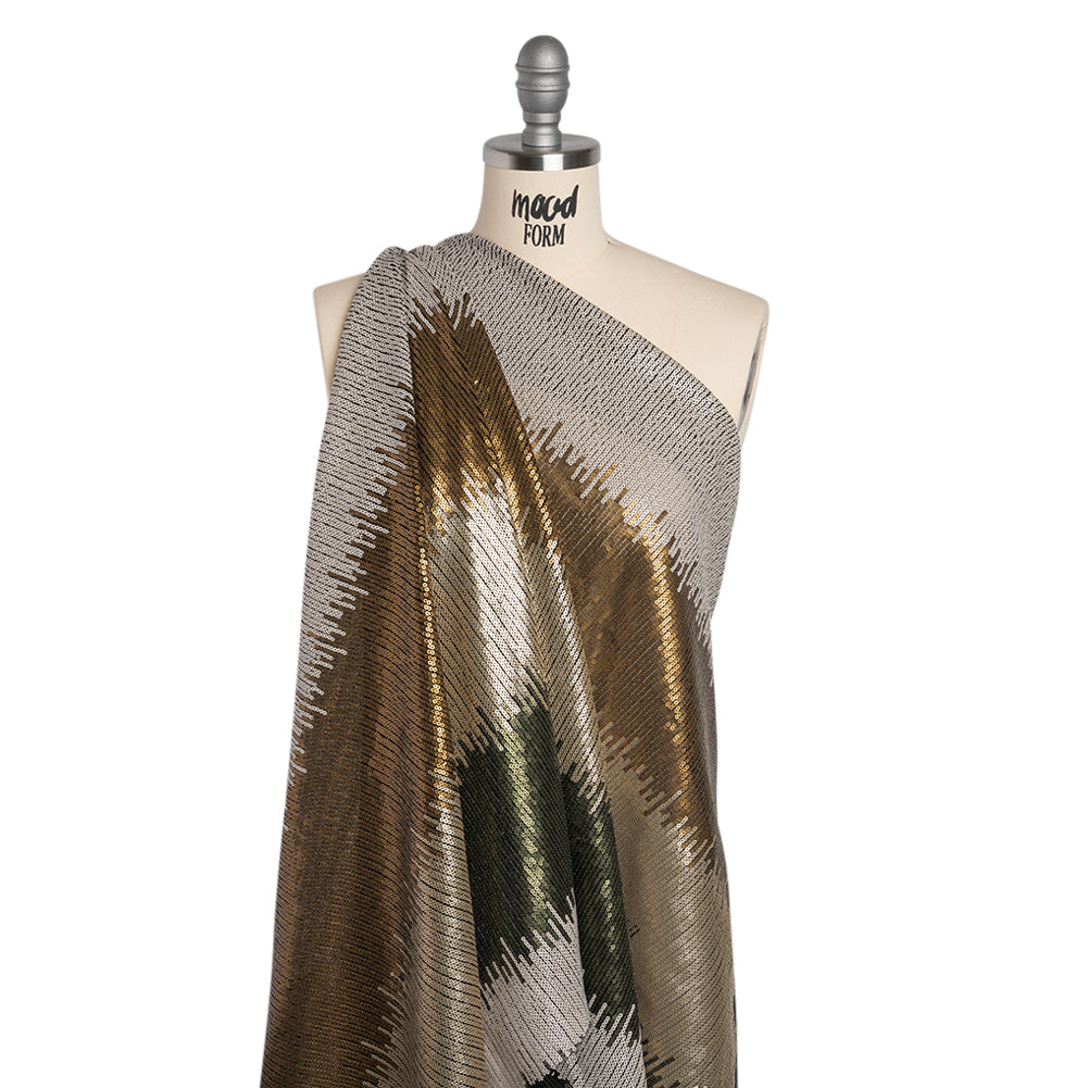 Baby Sequins on Black Stretch Mesh - Olive Green, Light Beige and Tan Ikat Stripes - Deadstock - Drape