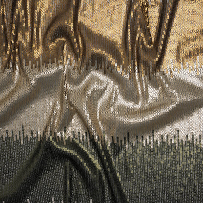 Baby Sequins on Black Stretch Mesh - Olive Green, Light Beige and Tan Ikat Stripes - Deadstock