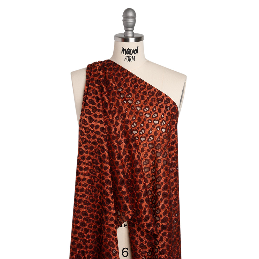 Two-Tone Polyester Lace - Burnt Orange and Maroon Animal Spots - Deadstock - Drape