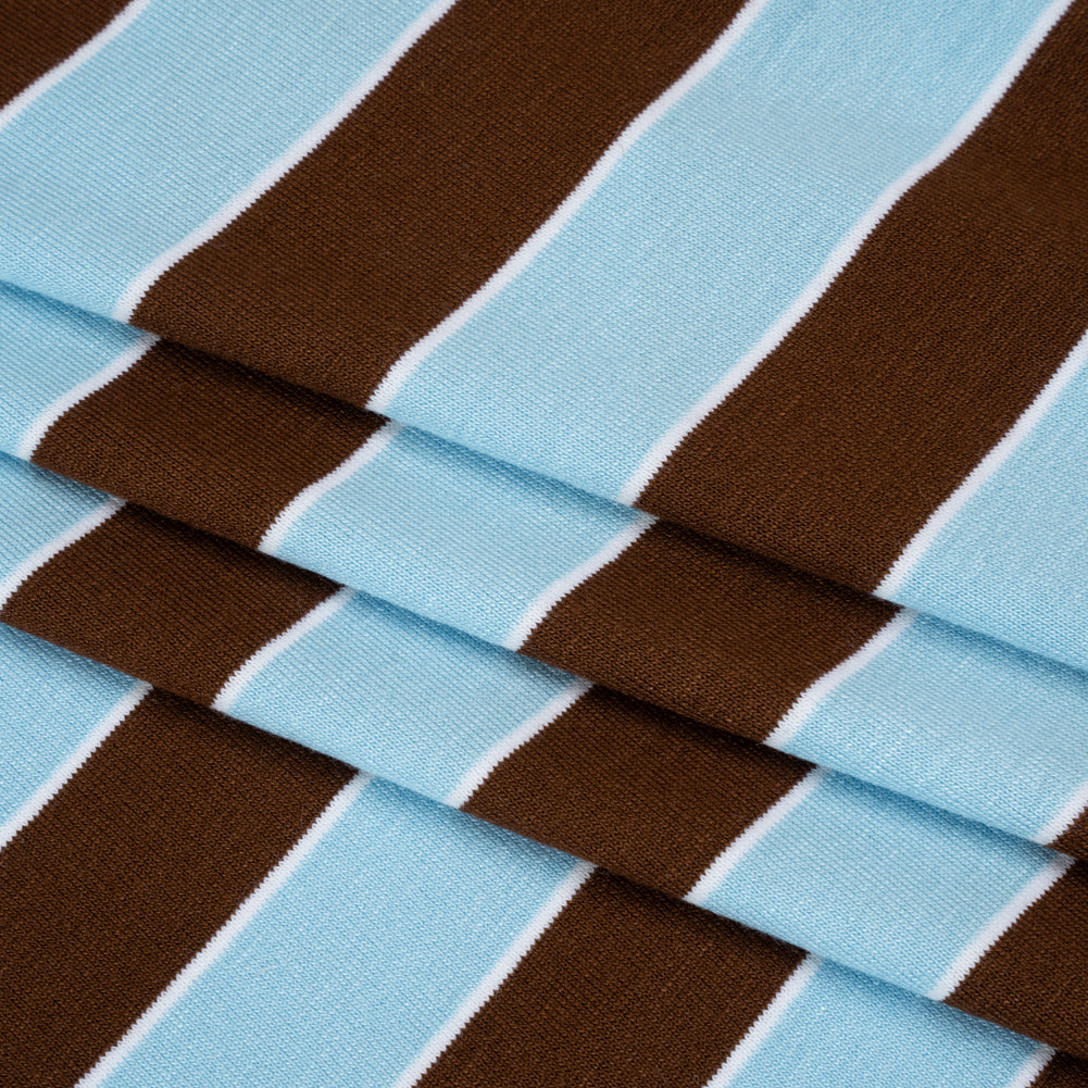 Stretch Polyester Jersey - Sky Blue, Brown and White Wide Stripes - Deadstock