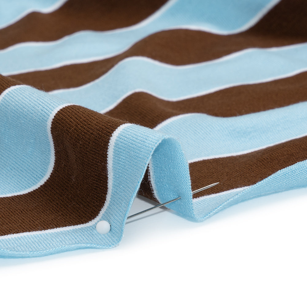 Stretch Polyester Jersey - Sky Blue, Brown and White Wide Stripes - Deadstock