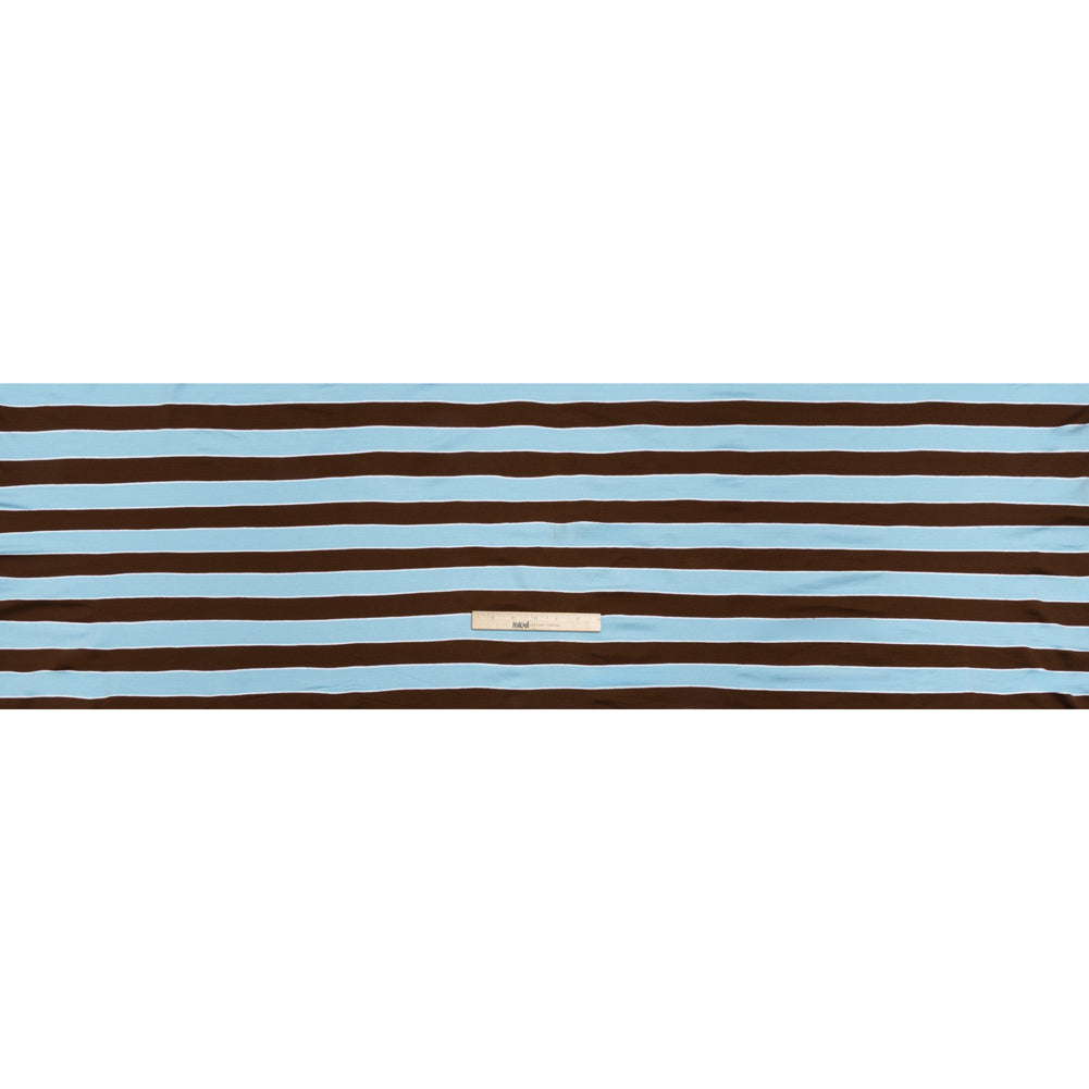 Stretch Polyester Jersey - Sky Blue, Brown and White Wide Stripes - Deadstock