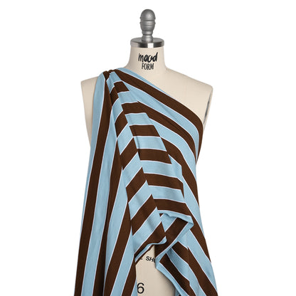 Stretch Polyester Jersey - Sky Blue, Brown and White Wide Stripes - Deadstock