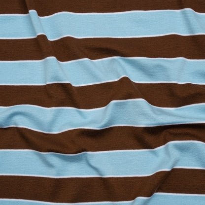 Stretch Polyester Jersey - Sky Blue, Brown and White Wide Stripes - Deadstock