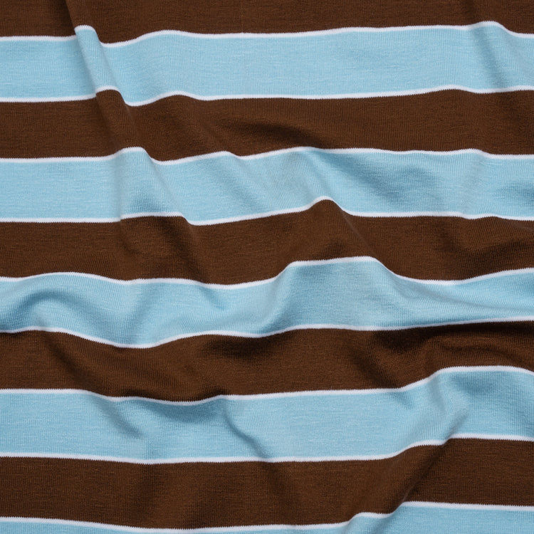 template--25130090922057__main-Stretch Polyester Jersey - Sky Blue, Brown and White Wide Stripes - Deadstock