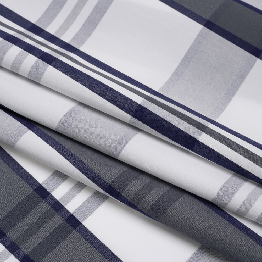 Cotton Shirting - Charcoal, White and Navy Plaid - Designer Deadstock - Folded