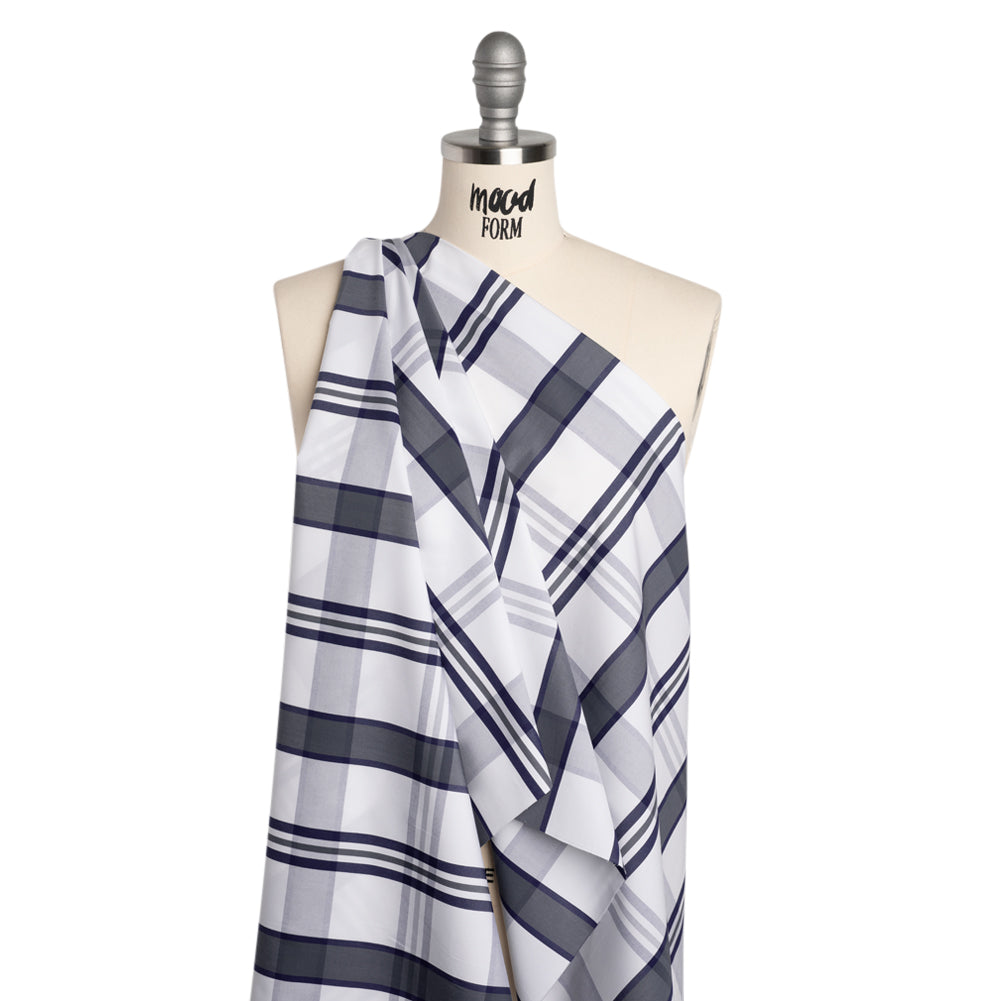 Cotton Shirting - Charcoal, White and Navy Plaid - Designer Deadstock - Drape