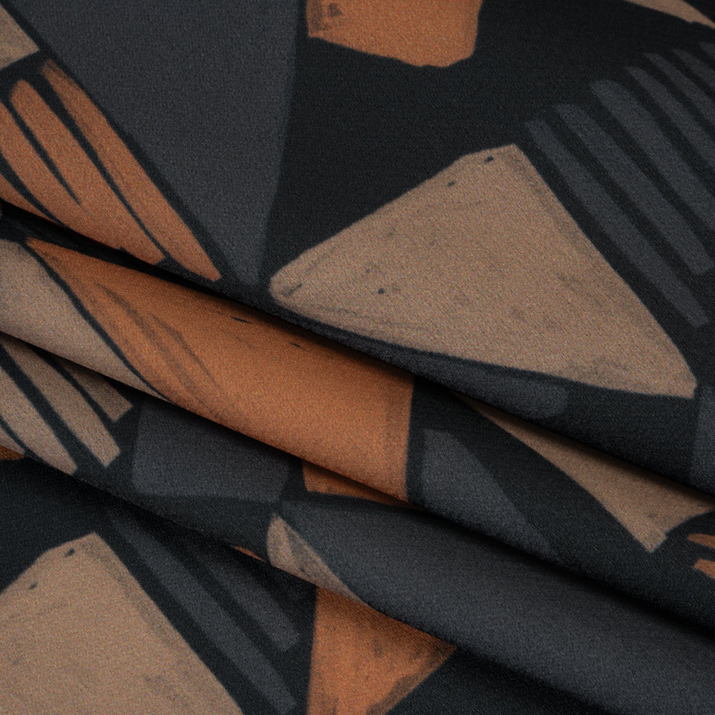 Polyester Crepe-Back Satin - Midnight, Taupe and Burnt Orange Painterly Triangles - Mood Exclusive Fractured Forms Print - Folded