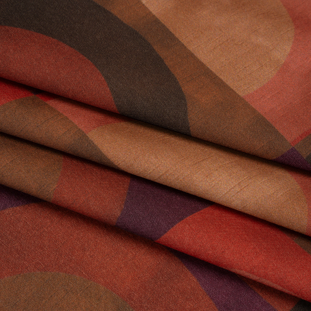 Polyester Crepe-Back Satin - Red, Brown and Purple Half Circle Blocks - Mood Exclusive Adobe Abode Print - Folded