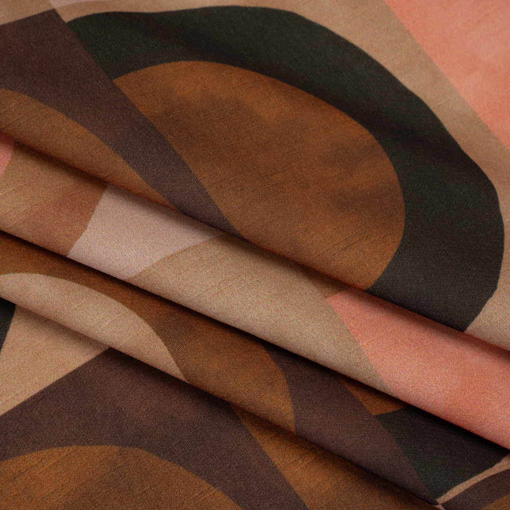 Polyester Crepe-Back Satin - Brown, Tan and Peach Half Circle Blocks - Mood Exclusive Adobe Abode Print - Folded