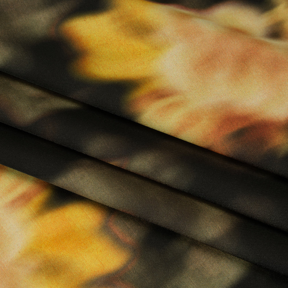 Polyester Crepe-Back Satin - Yellow, Tan and Olive Green Blurred Florals - Mood Exclusive Blurring Blossoms Print - Folded