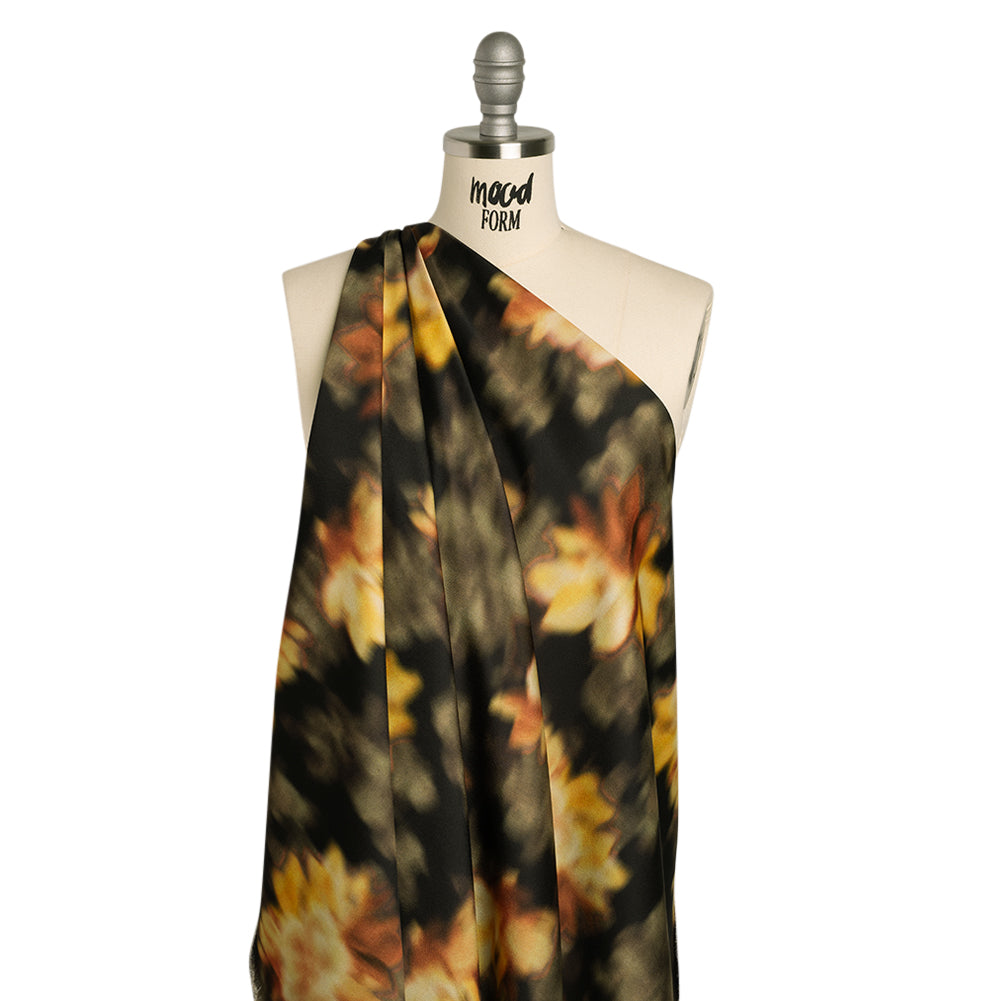 Polyester Crepe-Back Satin - Yellow, Tan and Olive Green Blurred Florals - Mood Exclusive Blurring Blossoms Print - Drape